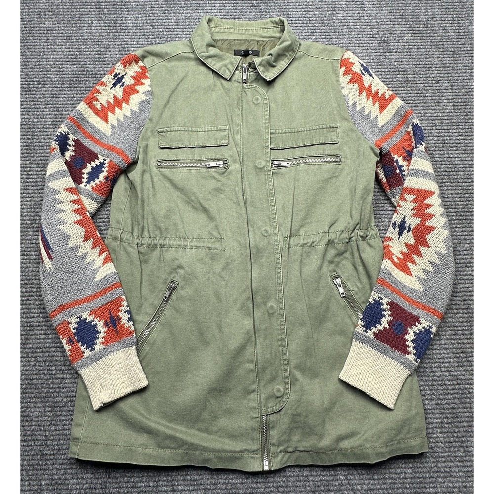 Quinn Jacket Womens Medium Green Military Twill‎ Aztec Knit Sleeve Zip Lined